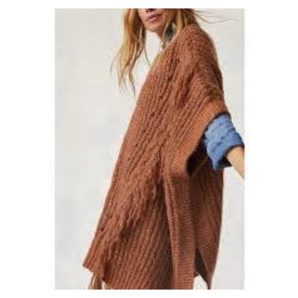 Anthropologie Women's Marled Fringe Poncho ONESIZE Bronze Knit Frontier Boho - Picture 4 of 12